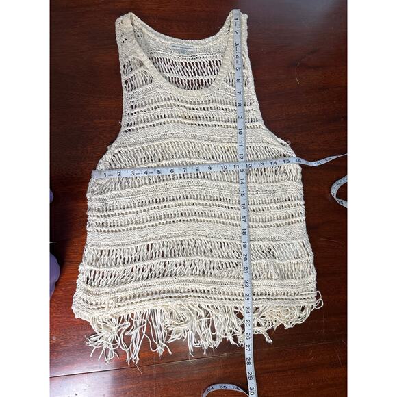 American Eagle Crochet Knit Tank Top Fringe Hem SZ Large Ivory Beachy Boho Sheer - Picture 6 of 6